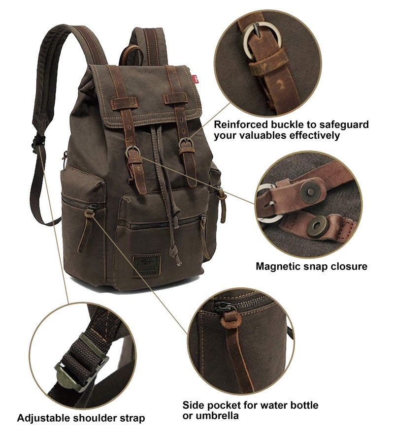 HuaChen Vintage Canvas Backpack with Leather Accents Ã¢â‚¬â€œ Durable Travel Rucksack for Hiking, Camping, and Everyday Use for Men and Women - M32 Army Green L - Image 3